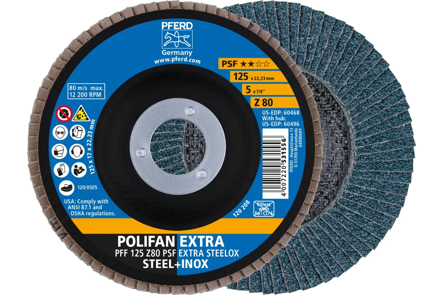 Picture of Pferd Flap Disc, 5" x 7/8, Z PSF Extra Steelox, 80 Grit, T27, Flat, Zirconia